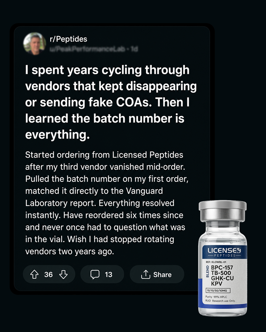 LicensedPeptides.com Facebook ad: Don't Trust Us. Verify Us.
