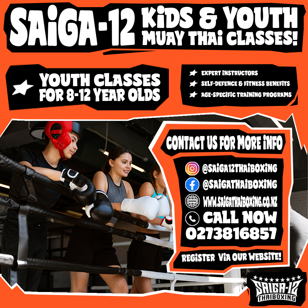 Saiga-12 Thaiboxing Facebook ad: Youth Thai Kickboxing Classes, Unleash The Champion Within!