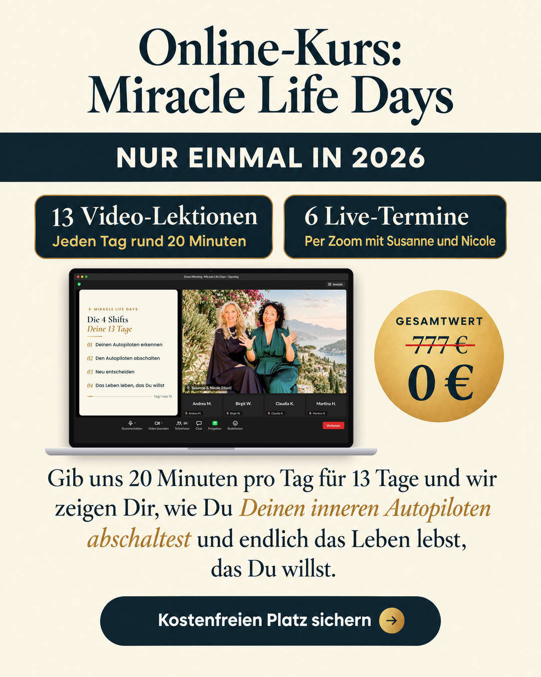 Susanne & Nicole Facebook ad: Kostenfreier Online-Kurs zum Leben, das Du wirklich willst