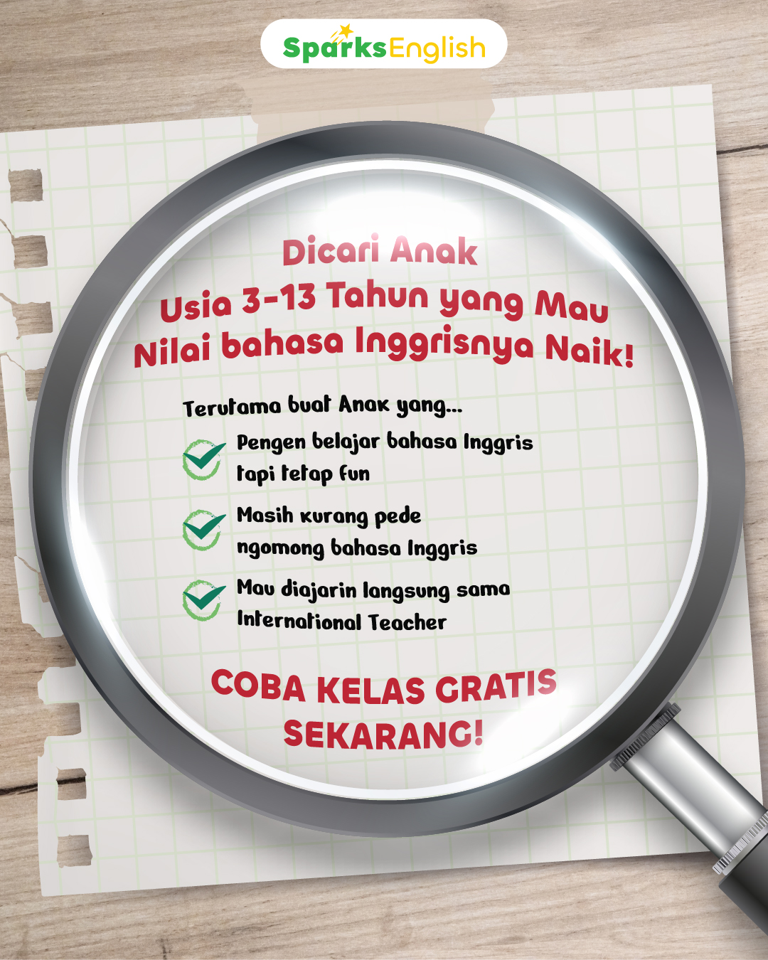 Sparks English Facebook ad: Book Free Trial Sekarang!