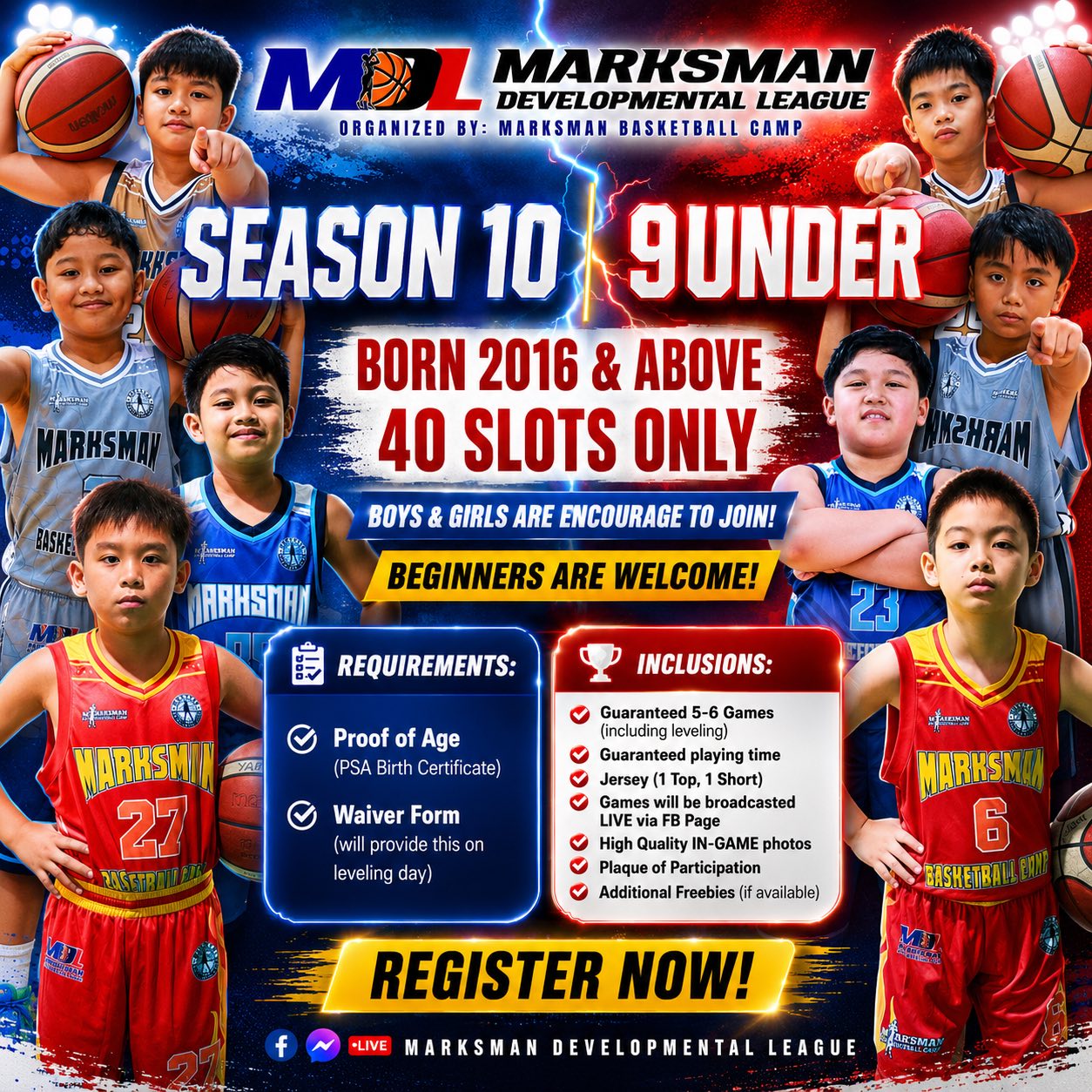 Marksman Developmental League Facebook ad: 𝐑𝐄𝐆𝐈𝐒𝐓𝐑𝐀𝐓𝐈𝐎𝐍 𝐈𝐒 𝐍𝐎𝐖 𝐎𝐏𝐄𝐍!