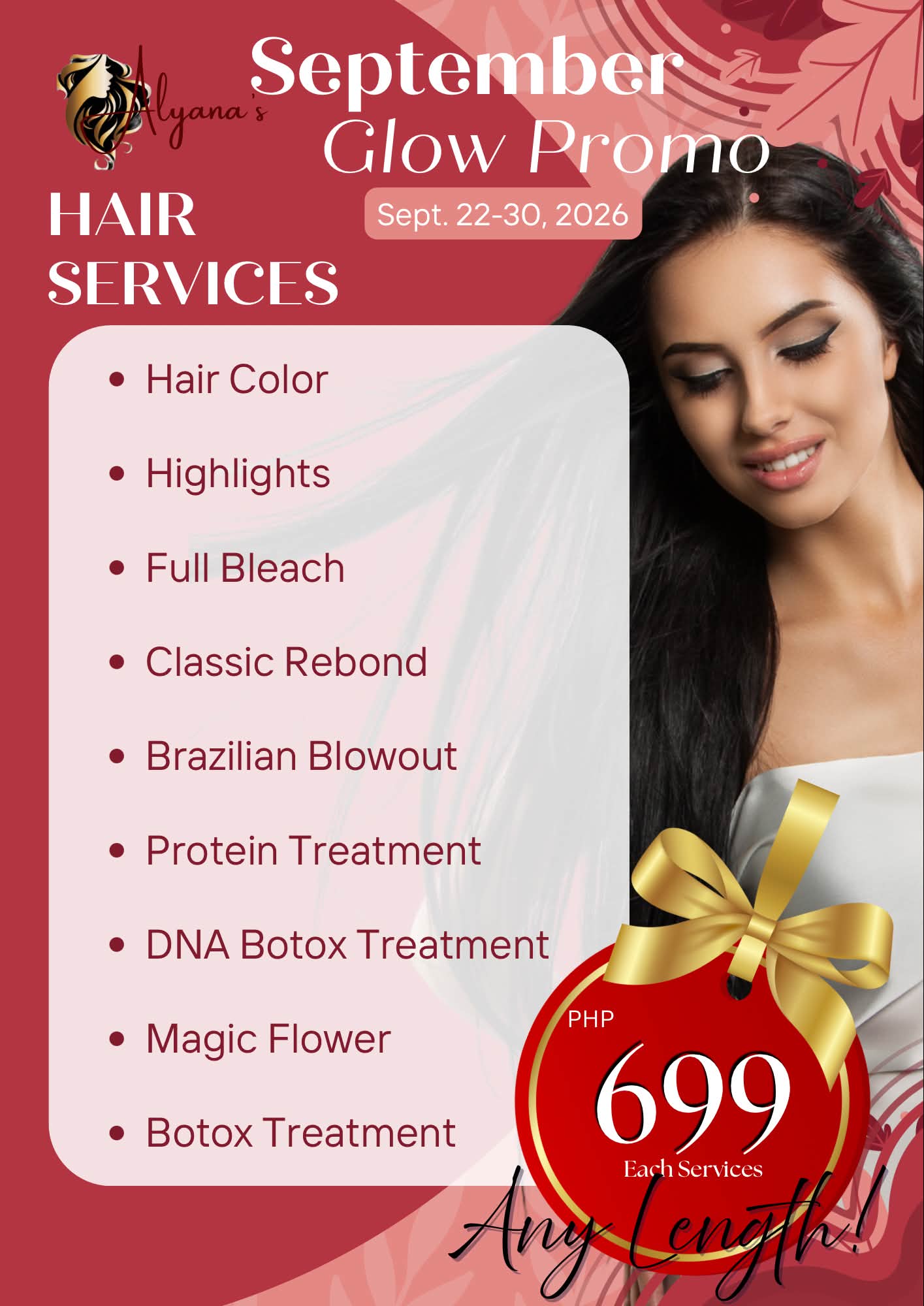 Alyana's Spa, Hair & Beauty Clinic Abucay Branch Facebook ad: SEPTEMBER GLOW PROMO