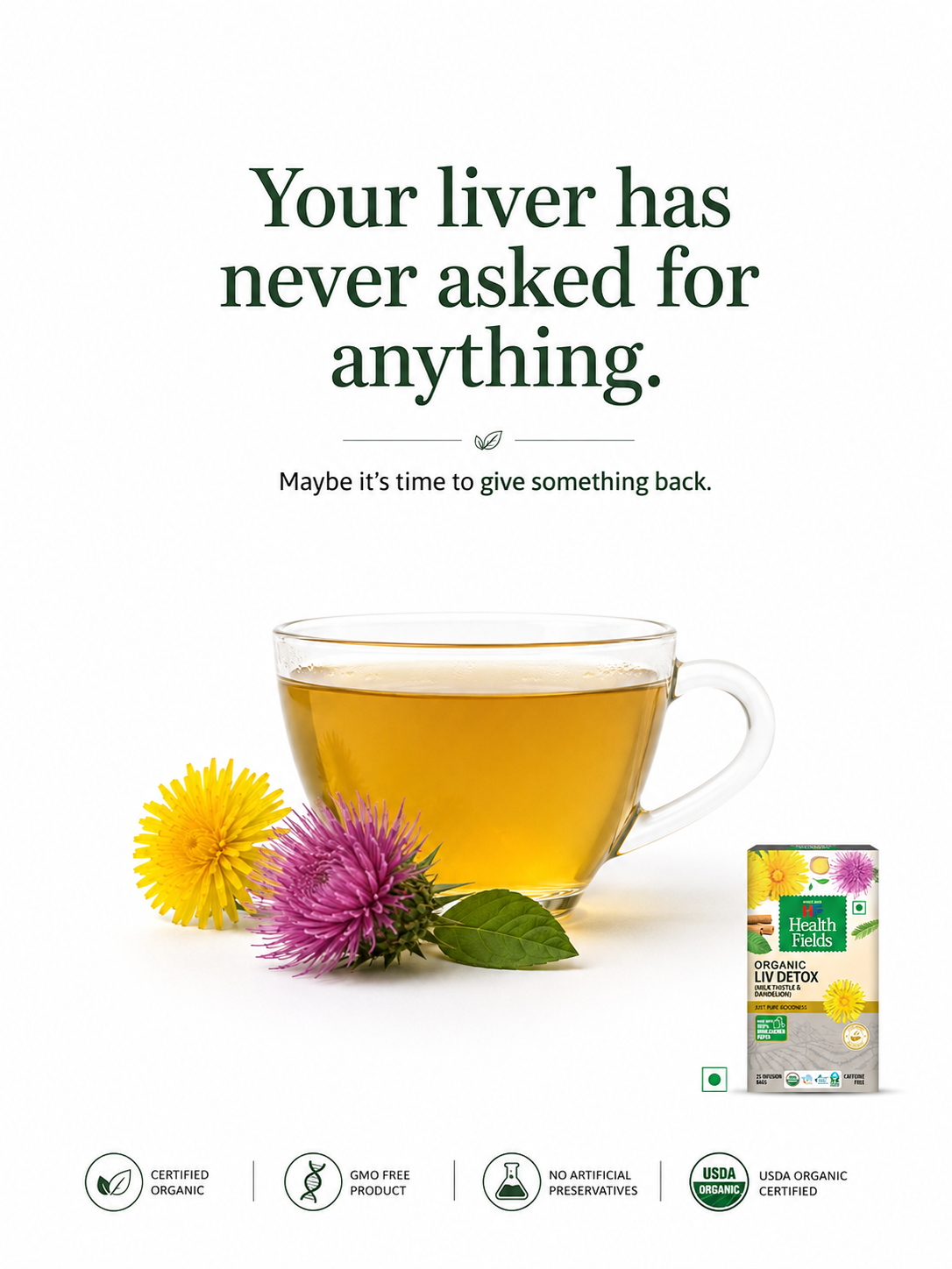 Health Fields Organic Facebook ad: Give Something Back To Your Liver
