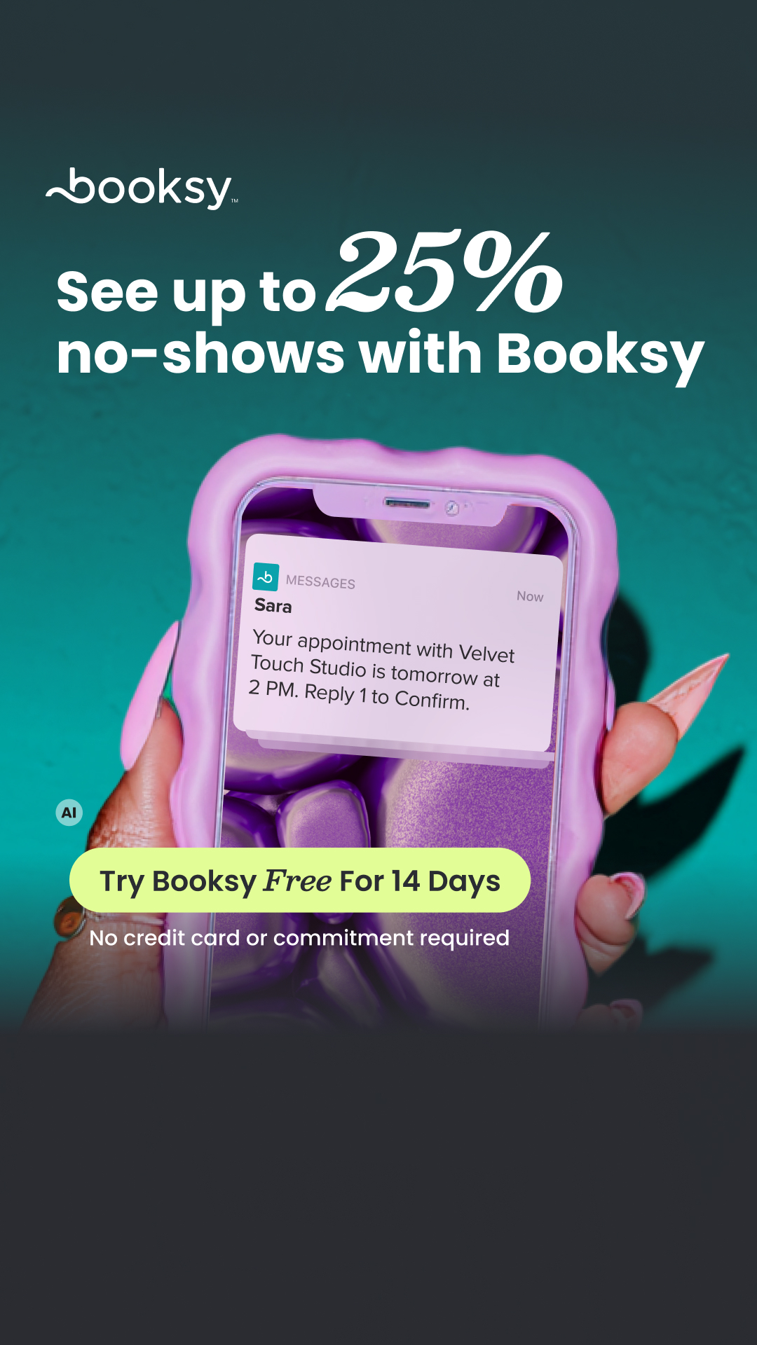 Booksy Facebook ad: Try Booksy FREE for 14 days. No credit card or commitment…
