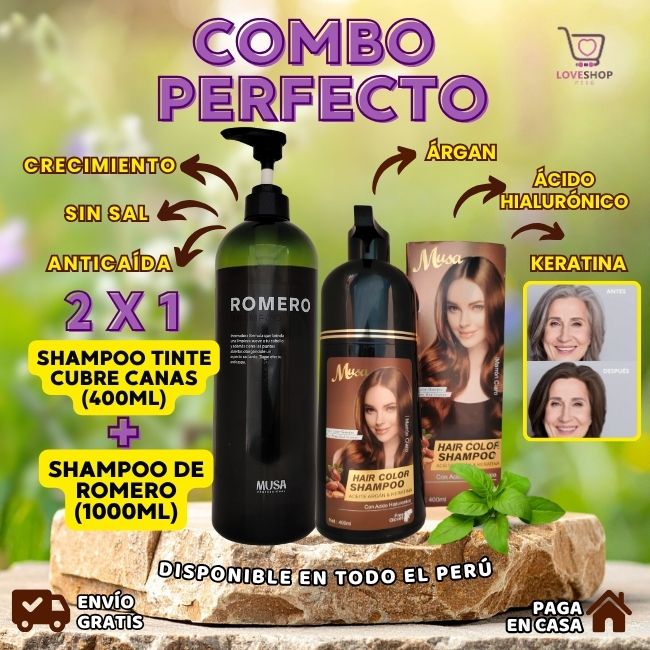 Loveshopperú Facebook ad: SHAMPOO TINTE CUBRE CANAS + SHAMPOO ROMERO