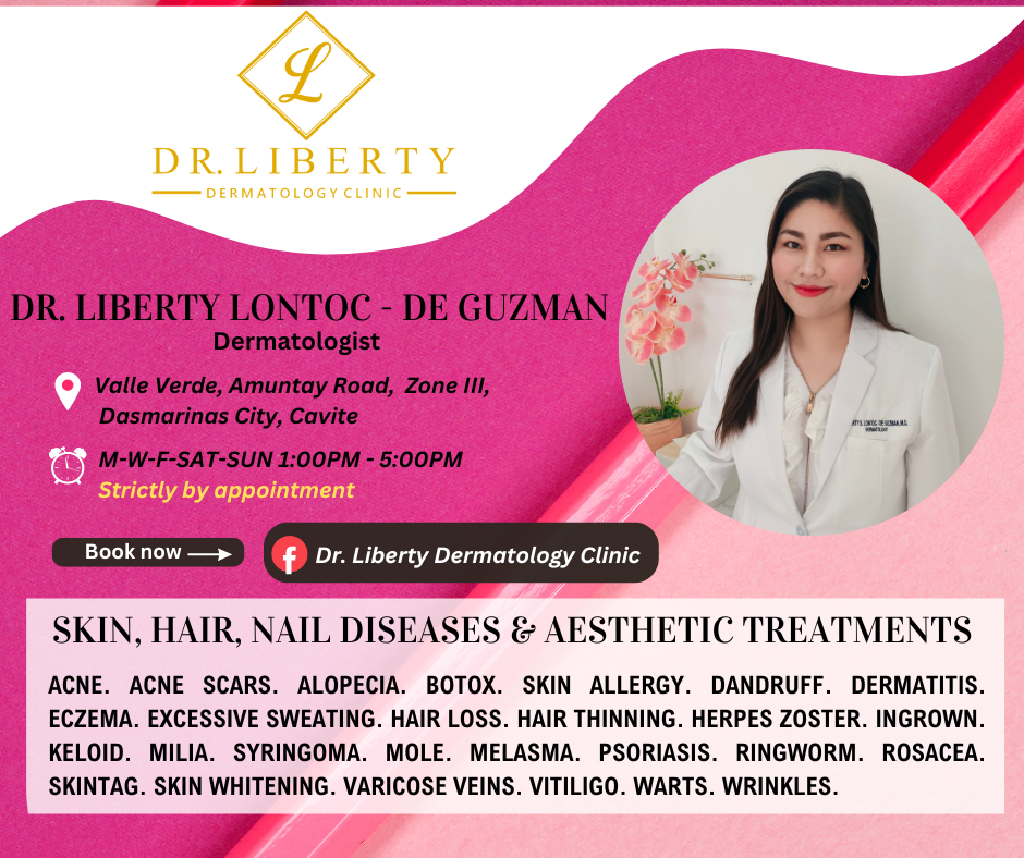 Dr. Liberty Dermatology Clinic Facebook ad: For consultation of SKIN, HAIR, NAIL DISEASES