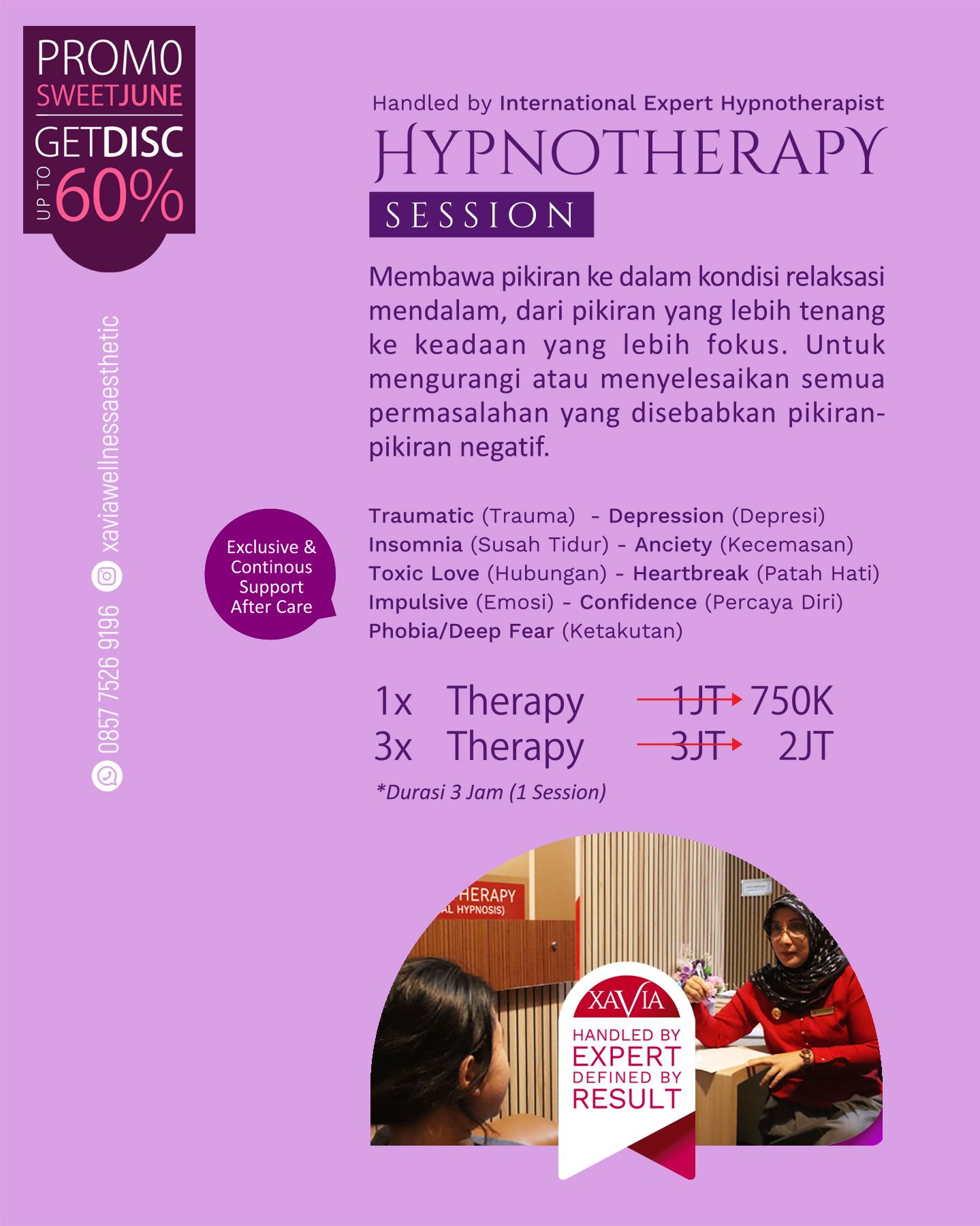 Xavia Wellness & Aesthetic Indonesia Facebook ad: Hypnotherapy Session Mulai 750K