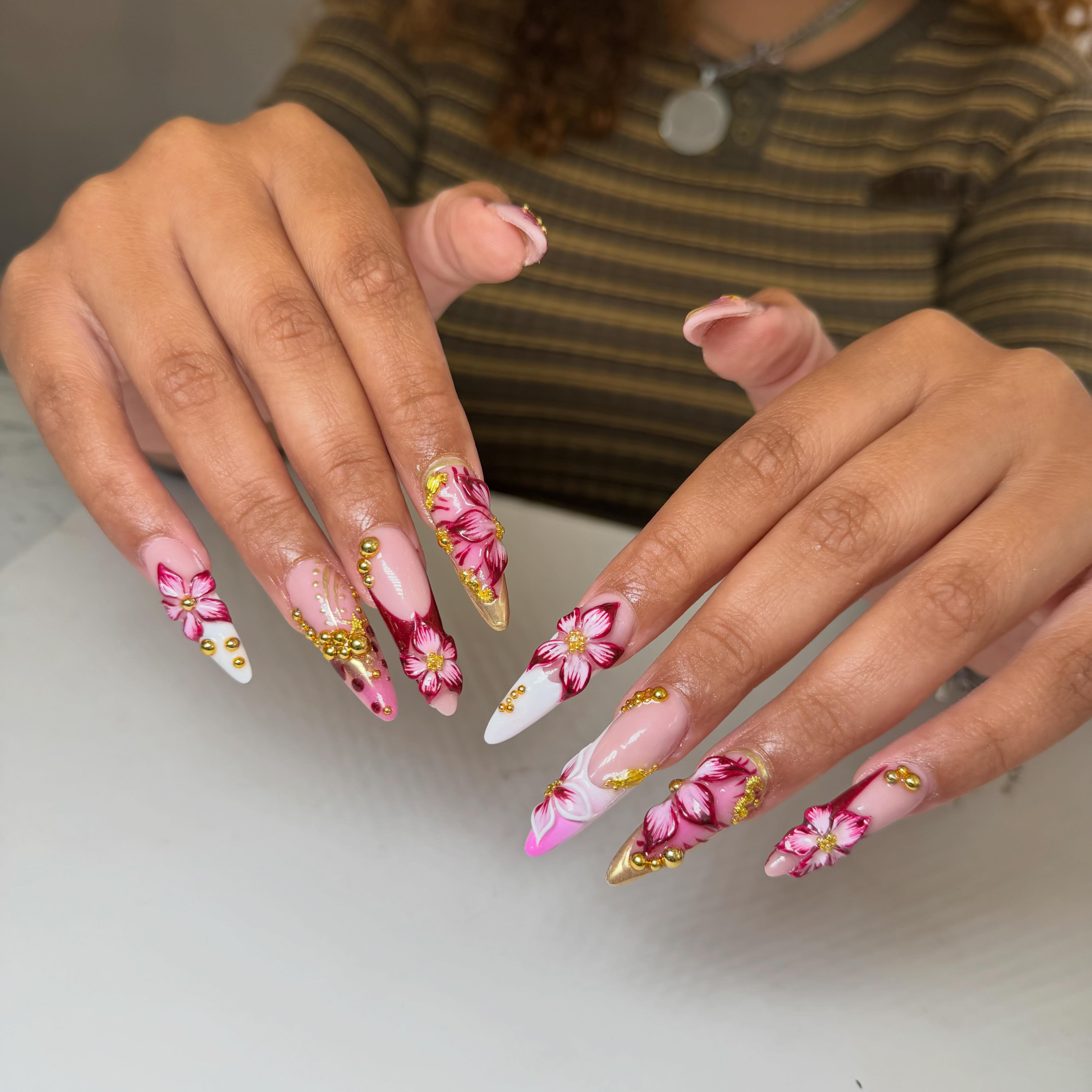 Luxury Nails & Spa Facebook ad: Hand-painted floral perfection Every single petal and gold…