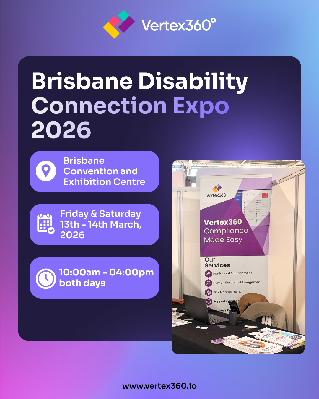 Vertex360 - NDIS Software Facebook ad: Join us at the Brisbane Disability Connection Expo…