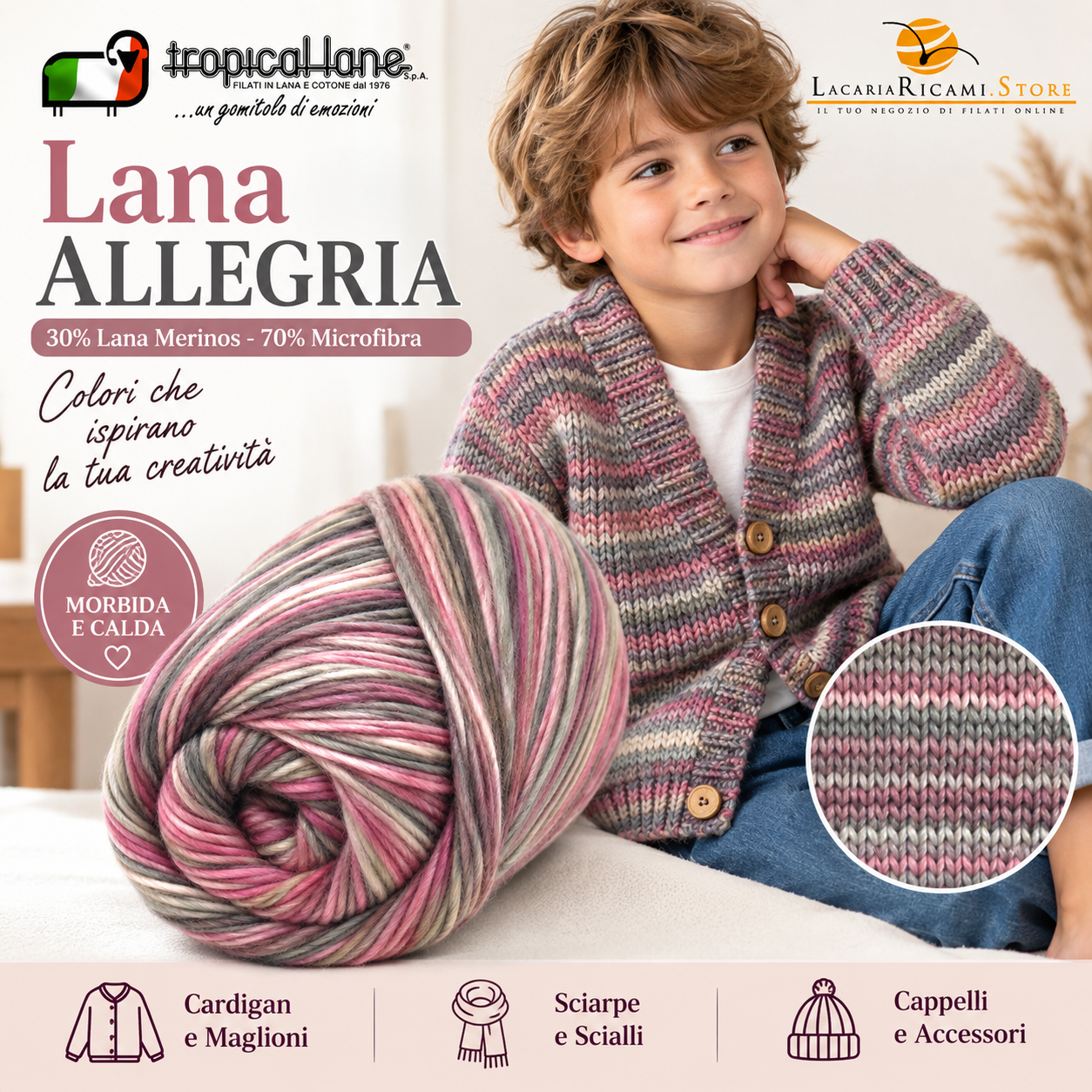 LacariaRicami.Store Facebook ad: Morbida come il Merinos, resistente come la microfibra…