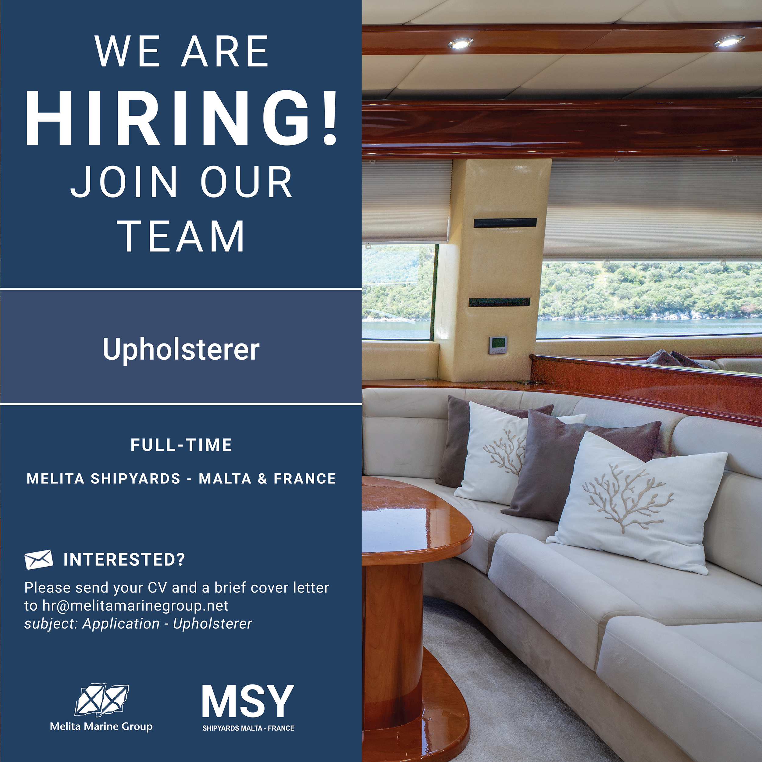 Melita Marine Group Facebook ad: Job Title: Upholsterer