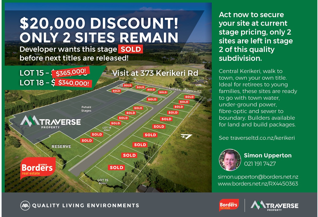 Simon Upperton Borders Real Estate Northland Facebook ad: ONLY TWO LOTS LEFT.