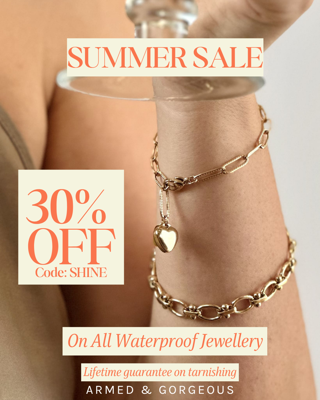 Armed and Gorgeous Facebook ad: 30% Off Waterproof Jewellery