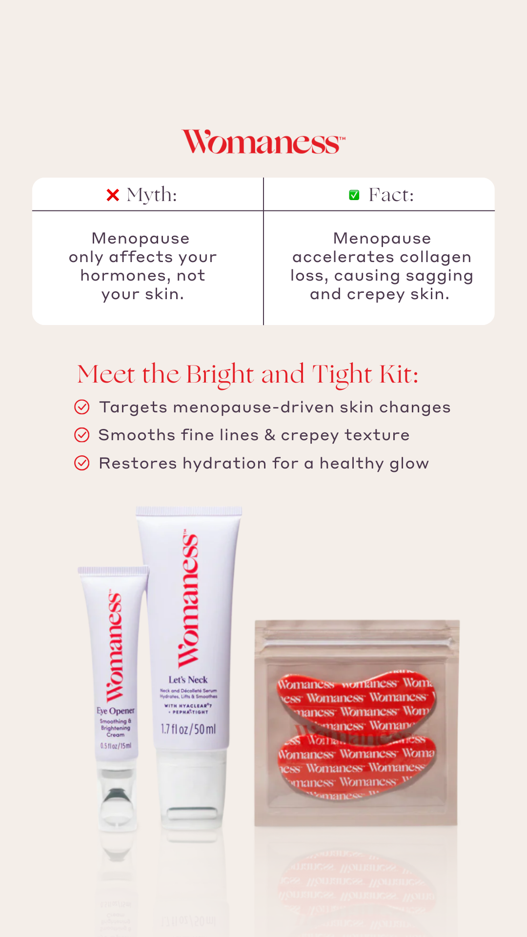 Womaness Facebook ad: Soothe and Lift Eyes and Neck @ Just $65