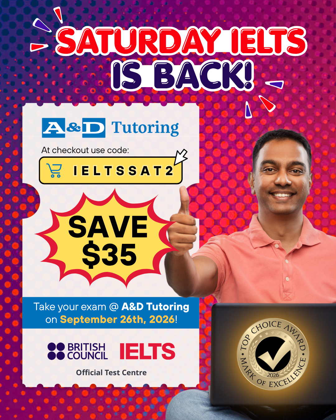 A&D Tutoring Facebook ad: Save $35 on IELTS at A&D!