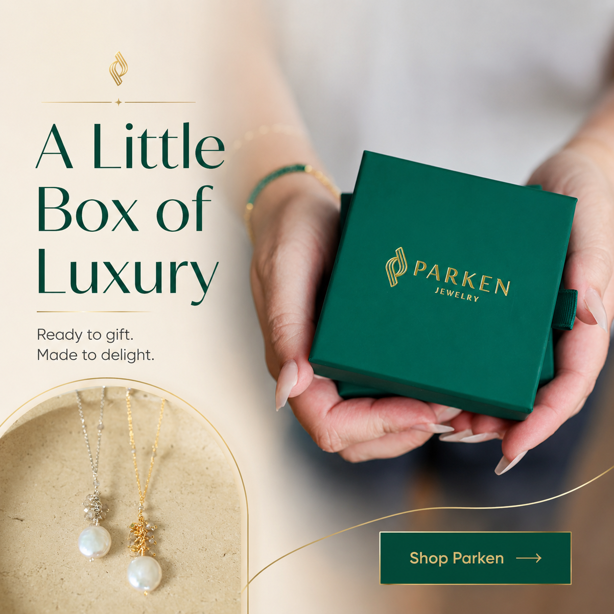 Parken Jewelry Facebook ad: Pearls. Timeless, luminous, made to be worn.