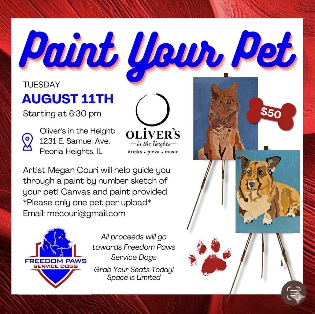 Freedom Paws Service Dogs Facebook ad: Paint Your Pet at Oliver's In the Heights hosted by Megan…