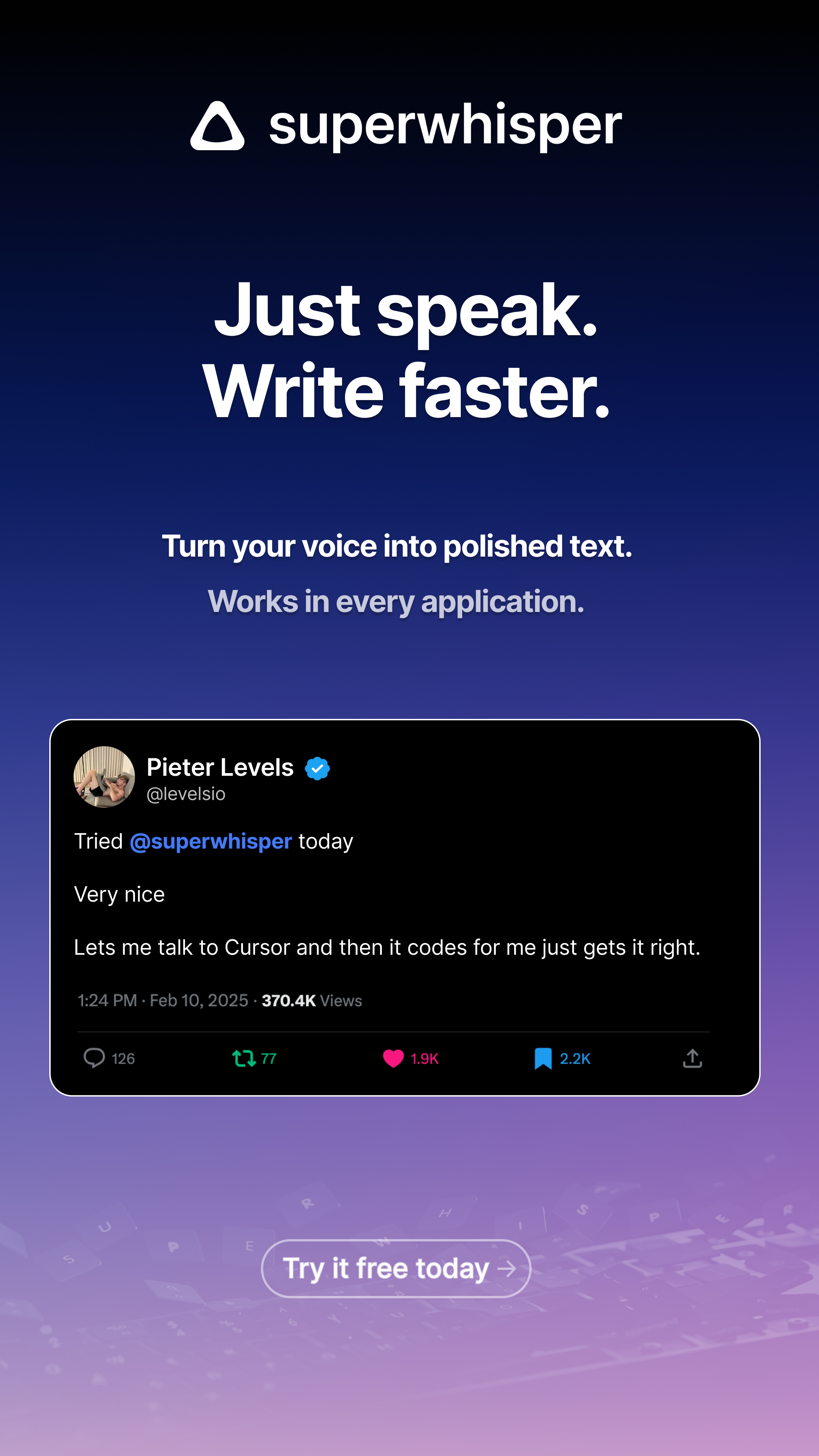 superwhisper Facebook ad from May 12, 2026