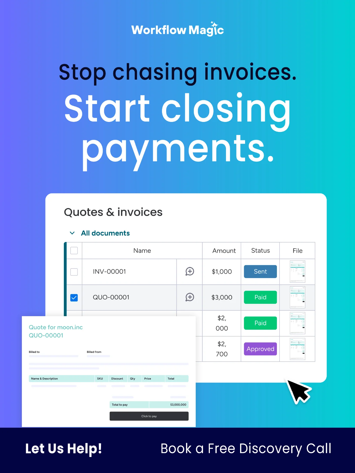 Workflow Magic Facebook ad: Still creating quotes, invoices, and payment links manually?