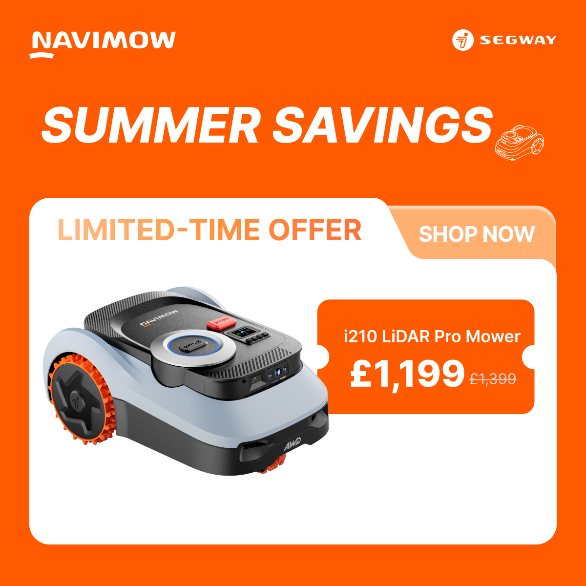 Segway Navimow Facebook ad: Summer Savings: Smart Mowing Made Easy
