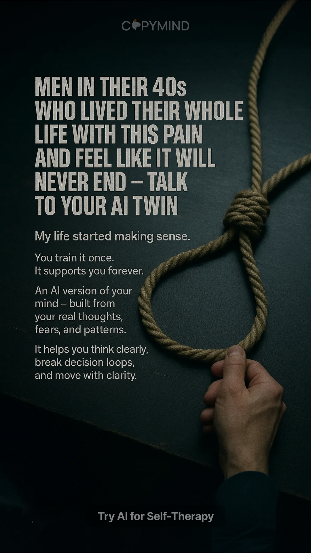 Copymind AI: emergency therapy Facebook ad: Try the Copymind app today!