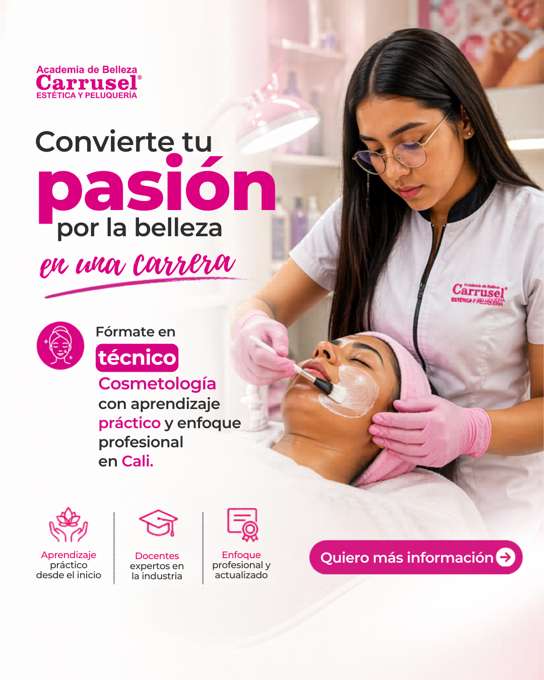 Academia de Belleza Carrusel Facebook ad: Estudia Técnico en Cosmetología en Academia de Belleza…