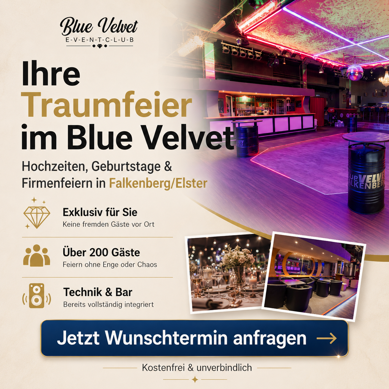 Blue Velvet Falkenberg - Elster Facebook ad: Ihre Traumfeier im Blue Velvet - Jetzt buchen
