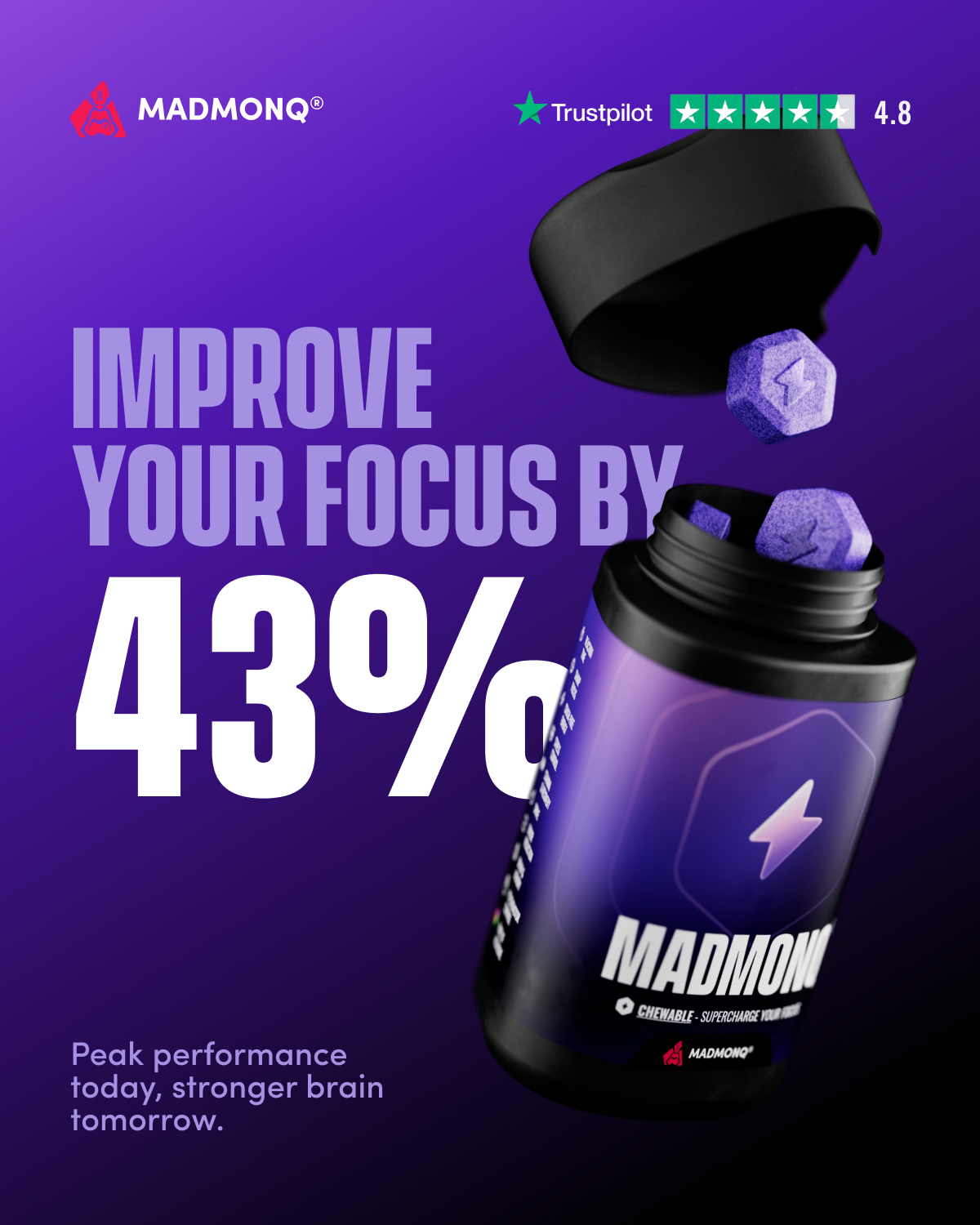 MADMONQ Facebook ad: Peak performance today, stronger brain tomorrow.