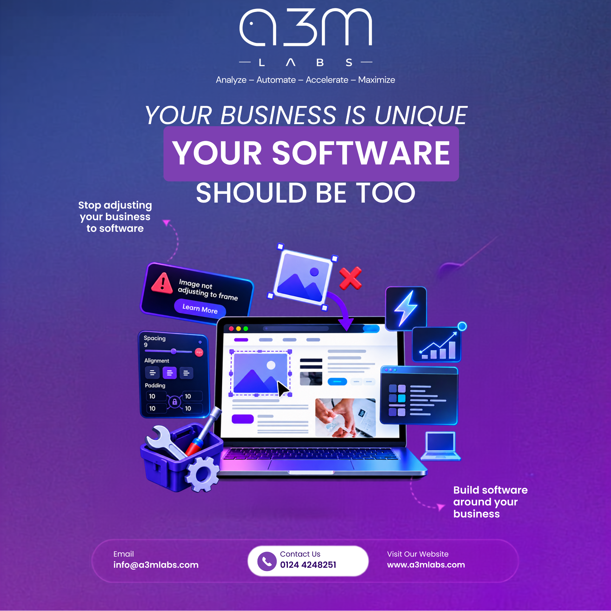 A3M Labs Facebook ad: Stop adjusting your business to rigid tools.