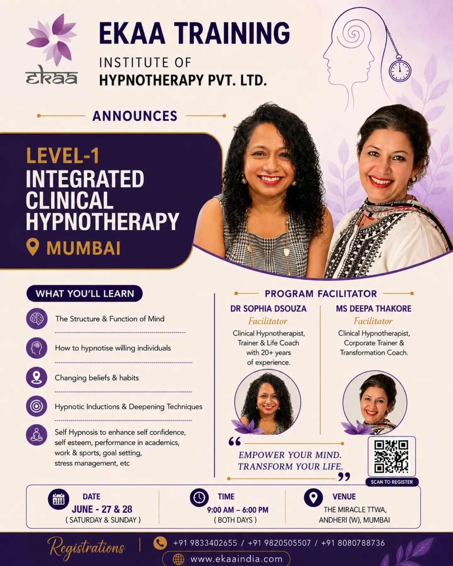 EKAA Training Institute of Hypnotherapy Pvt Ltd. Facebook ad: Unlock the Power of the Mind with Integrated…