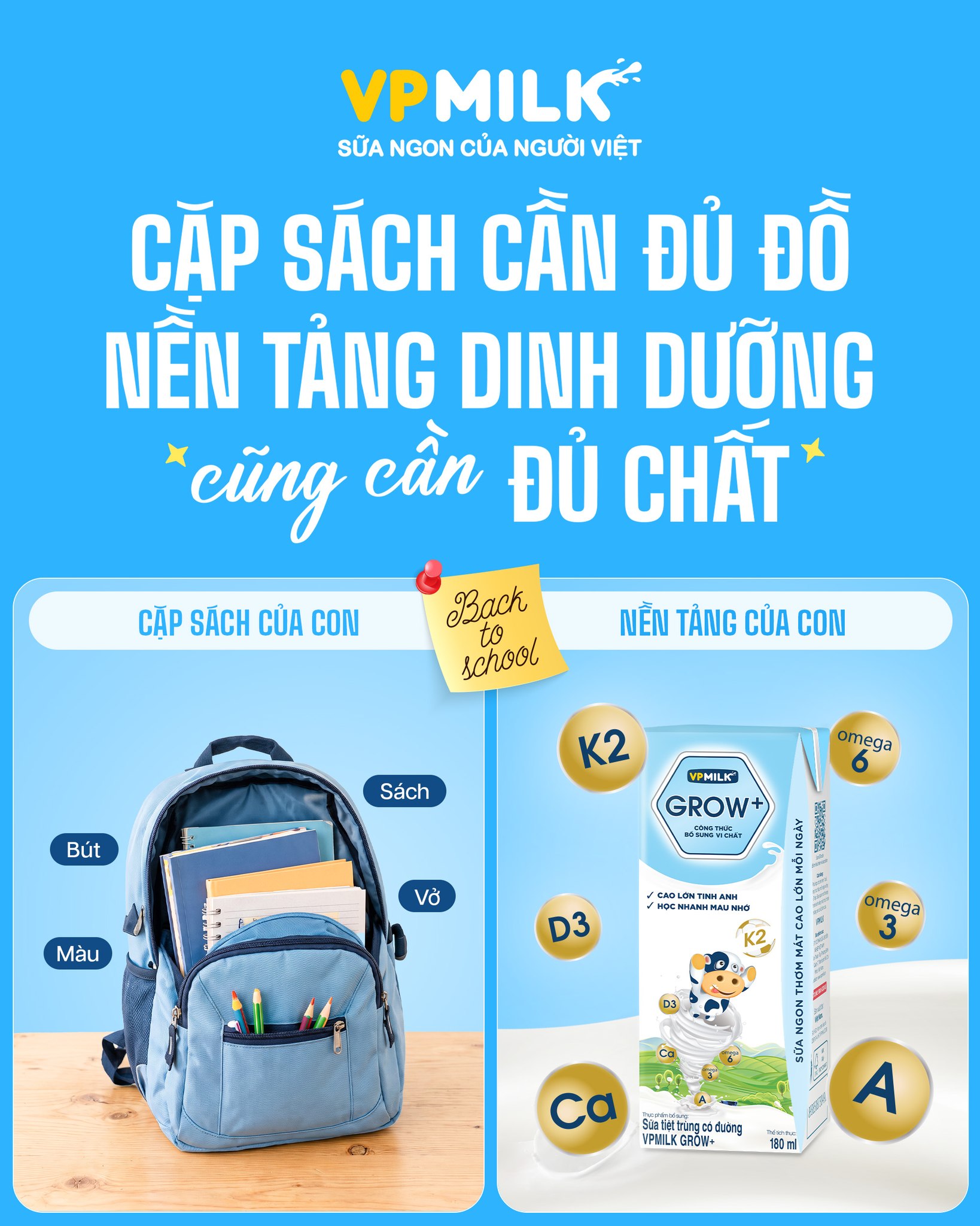 VPMilk Facebook ad: Cặp sách cần đủ đồ.