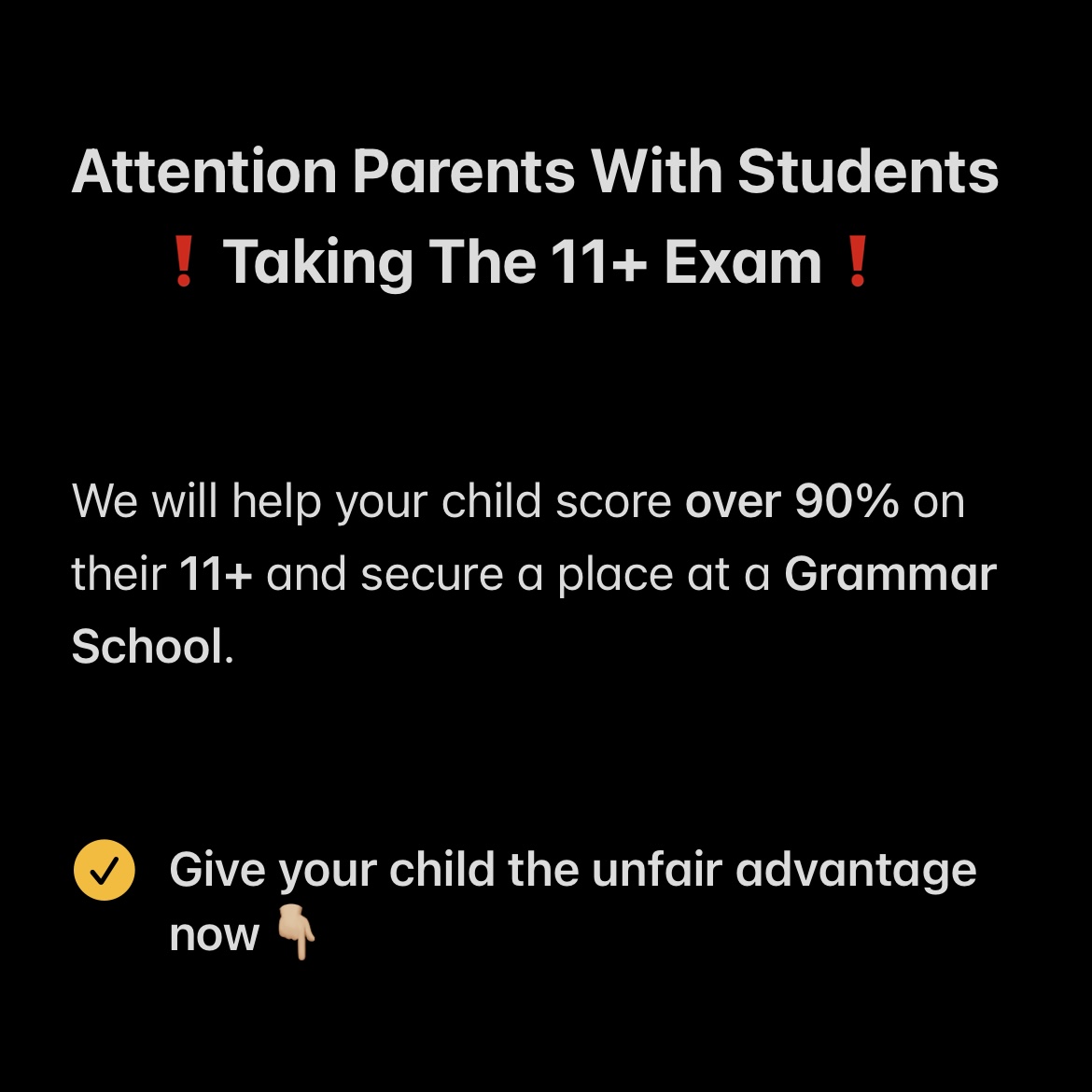 Pass 11 Plus Grammar Preparation Success Facebook ad: Grammar School Entry