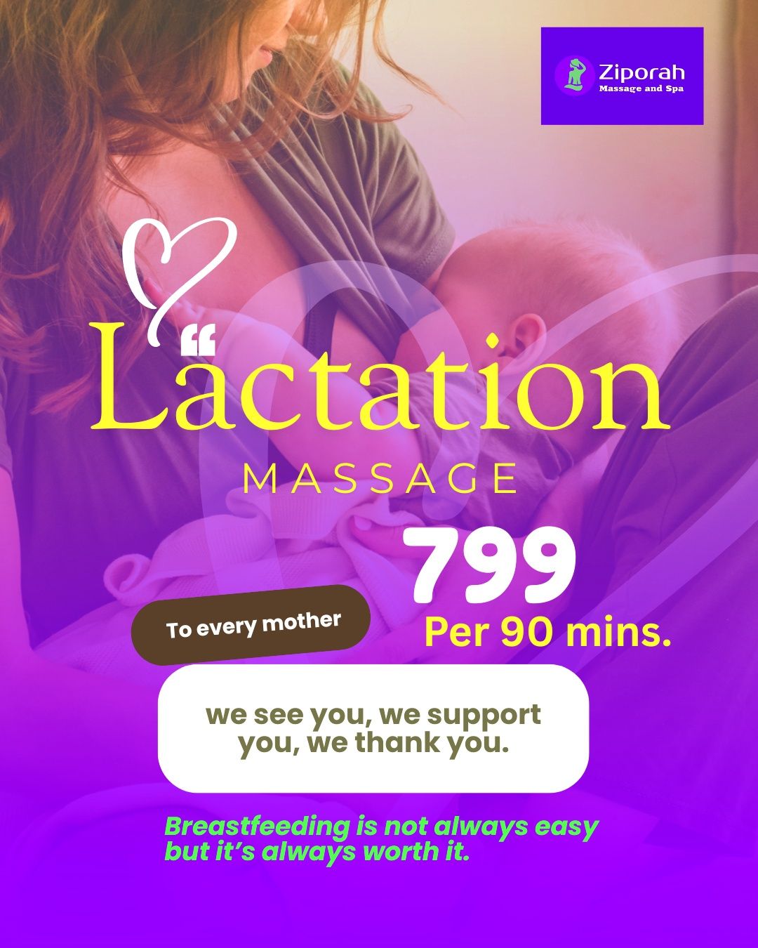 Ziporah HomeSpa Facebook ad: Lactation massage (also called breast massage for…