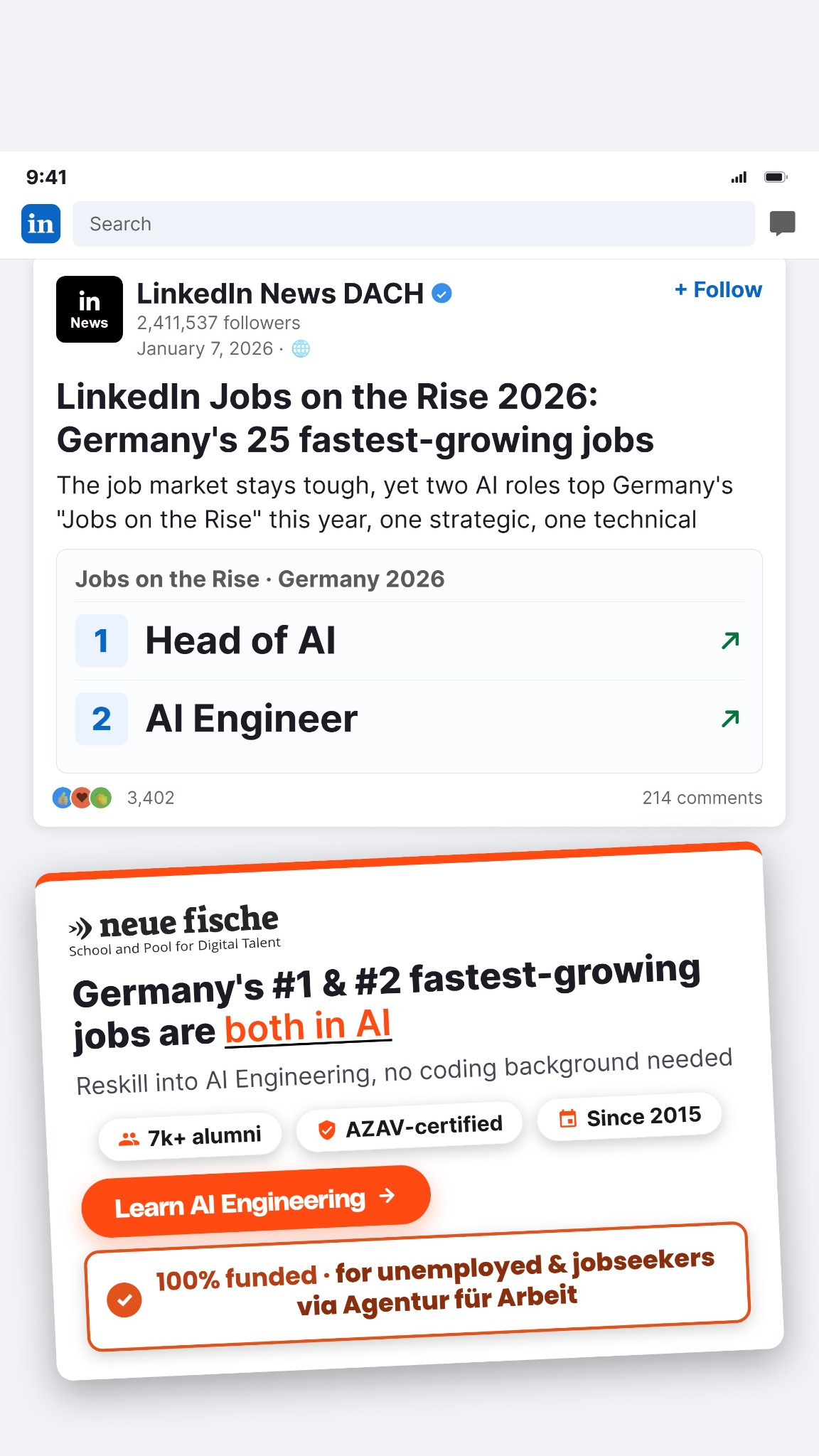 neue fische Facebook ad: Start Your Career in AI Engineering