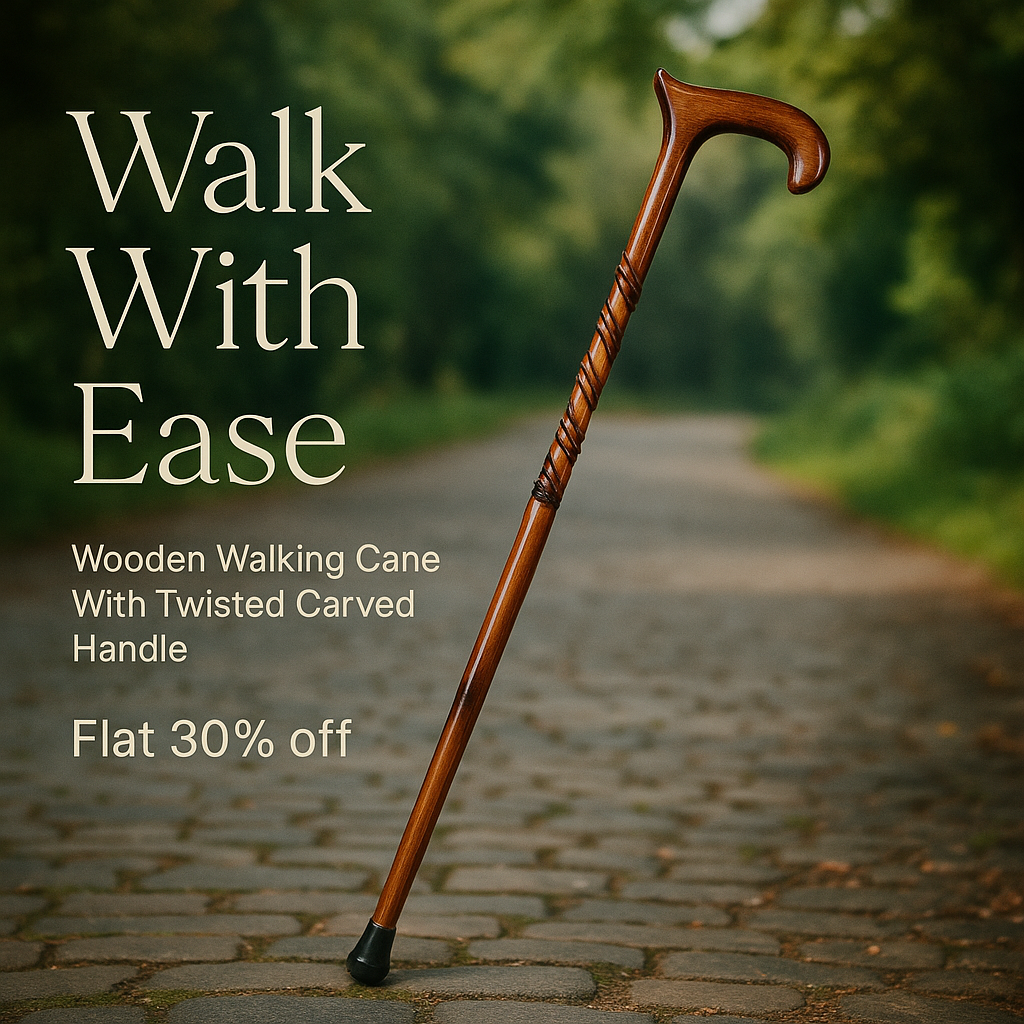 Lifestyle Helpmate Facebook ad: Wooden Walking Cane With Twisted Carved Handle And Rubber…