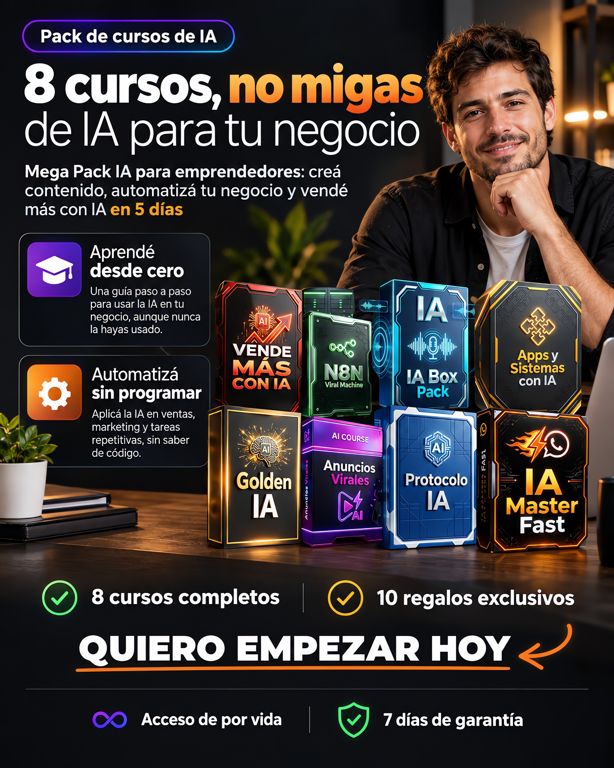 Valeria.ia Facebook ad: 8 cursos + 10 regalos, todo junto