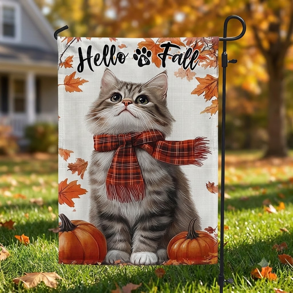Flagwix.com Facebook ad: Hello Fall Cat Flag - Cute Thanksgiving Cat Garden Flag…