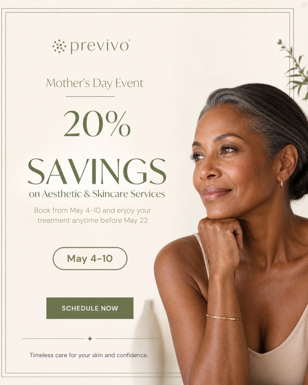 Previvo Facebook ad: 20% Savings on Aesthetic Services, Mother's Day
