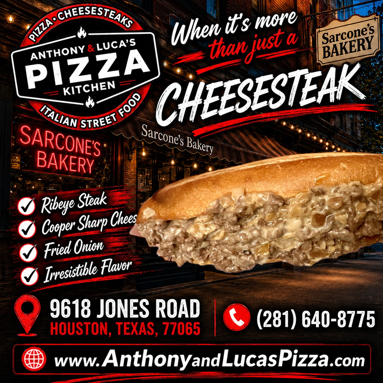 Anthony & Luca's Pizza Kitchen Houston Facebook ad: REAL CHEESESTEAK LOVERS, THIS ONE'S FOR YOU