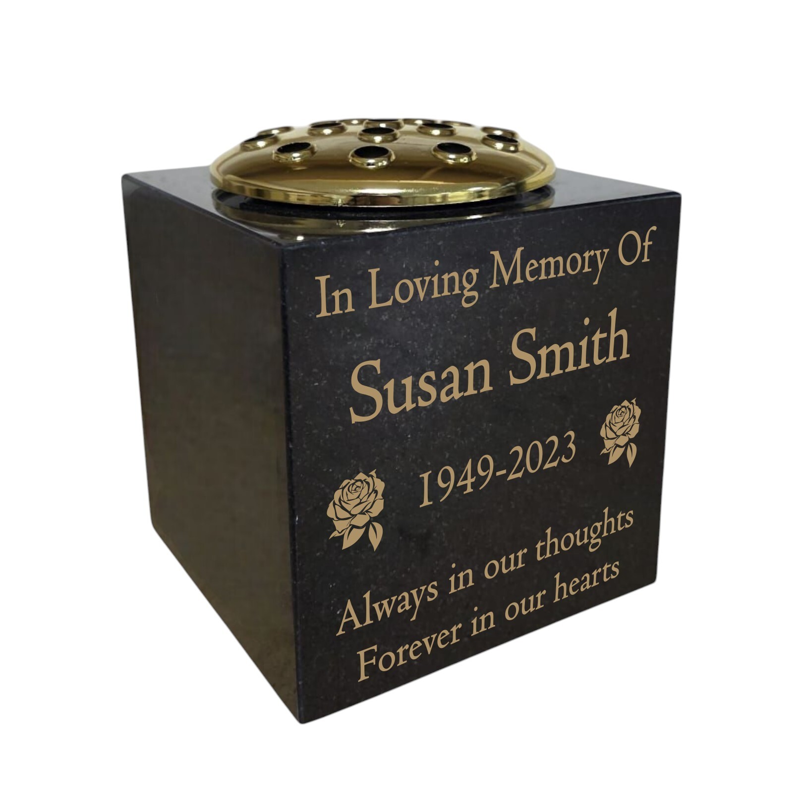 Memorials Direct Facebook ad: Personalised Solid Granite Memorial Vases.