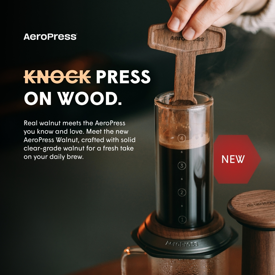 AeroPress Facebook ad: The New AeroPress Premium in Walnut