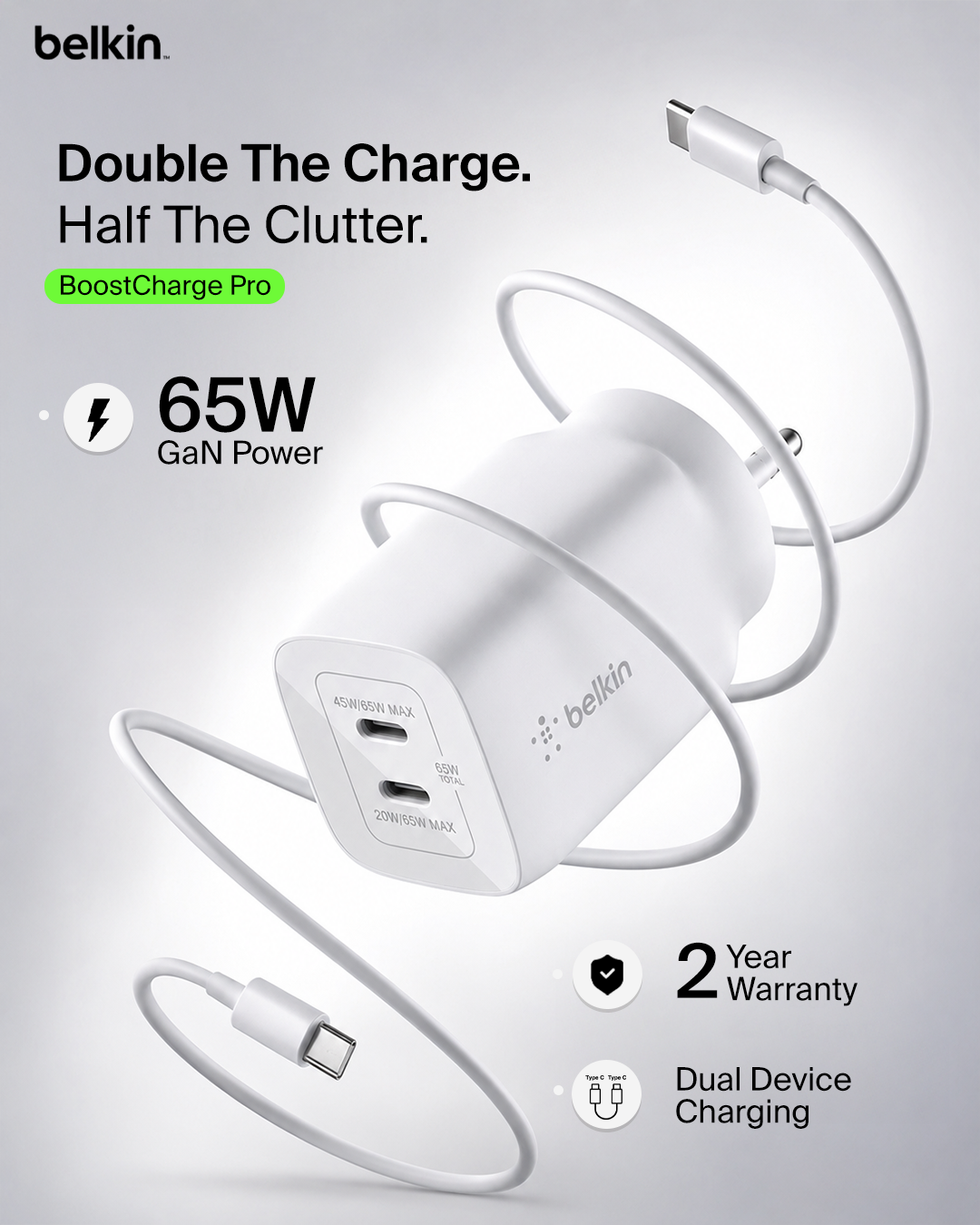 Belkin Facebook ad: Belkin 65W (45W+20W) USB -C GaN Charger | Fast Charging PD…