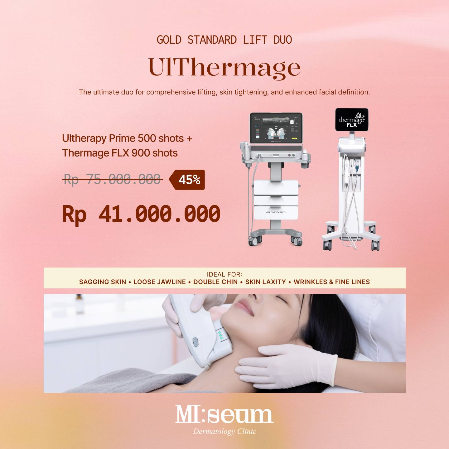 MiseumClinic.id Facebook ad: UlThermage Duo: Kencangkan Kulit & V-Shape (Diskon 45%)