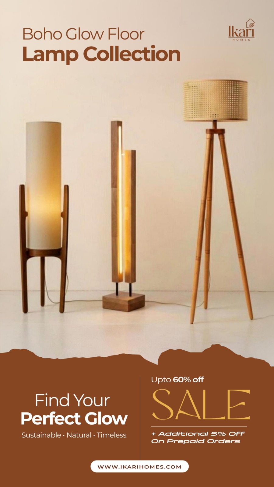 Ikari Homes Facebook ad: Boho Floor Lamps, MEGA SALE 50% OFF