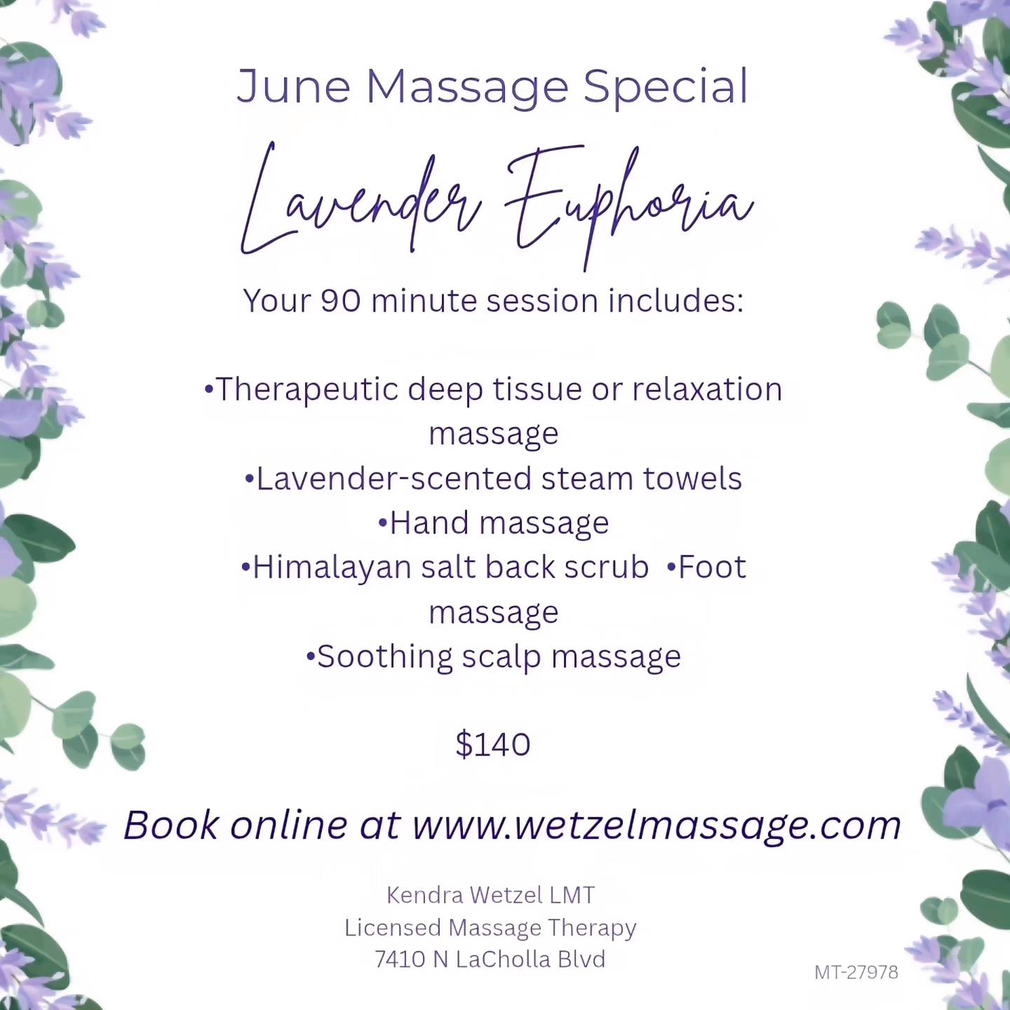 Kendra Wetzel LMT Facebook ad: Now booking June appointments!
