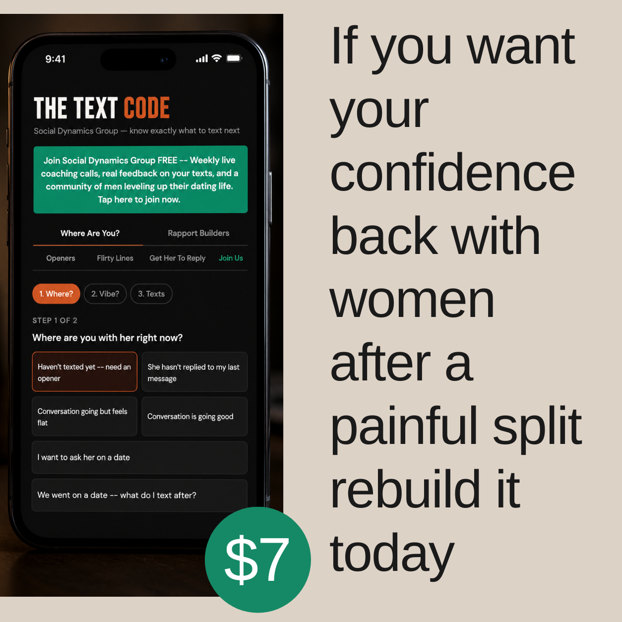 Social Dynamics Group Facebook ad: $7 A online text tool to show you exactly what to say