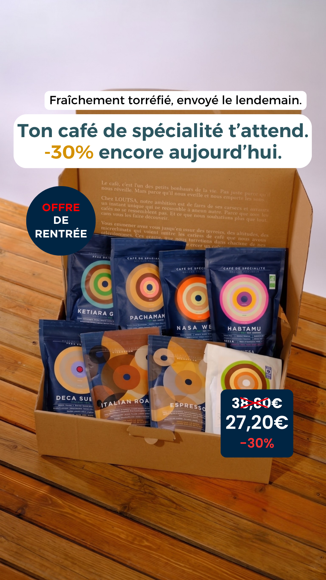 Loutsa Torréfacteur Facebook ad: Offre de rentrée: -30% sur le coffret COULEURS CAFÉ