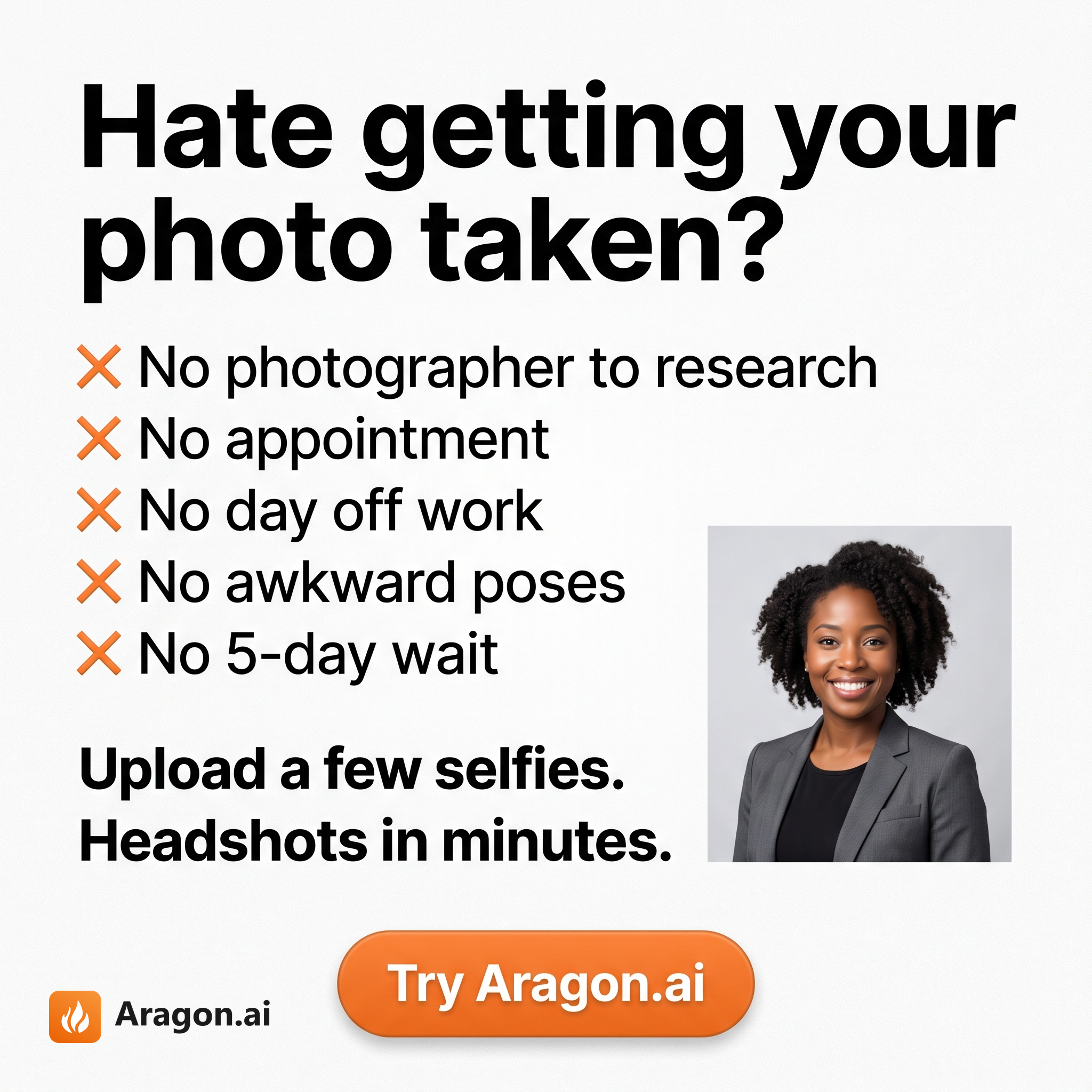 Aragon.ai Facebook ad: No photographer. No posing