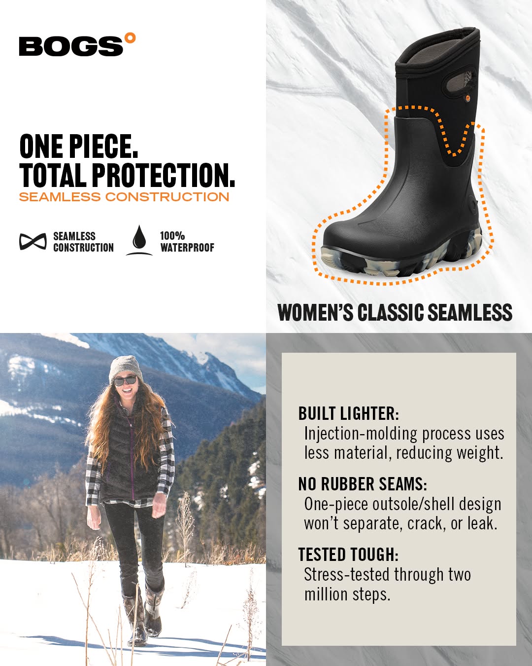 Bogs Footwear Facebook ad: Seamless Construction is Up to 30% Lighter