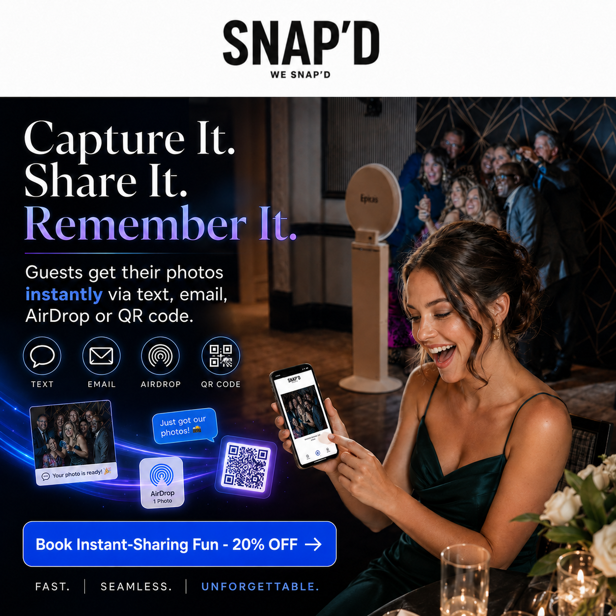 Snap’d - Photo-Booth Rental Facebook ad: Book This Week, Save 20%